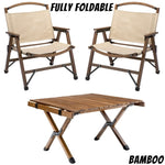 Bamboo Foldable Camping Table + 2 Chairs Waterproof Wood Wooden Travel Set Kit V563-1X75623_2X75622