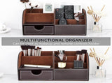 PU Leather Desk Organizer with 6 Compartments and Drawer, Storage Box for Pens and Office Supplies, V1237-ZY-917-142