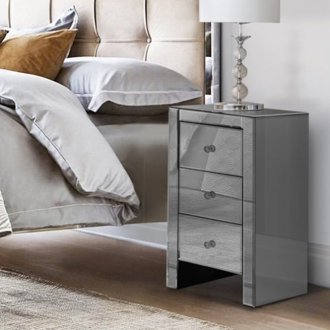Artiss Bedside Table 3 Drawers Mirrored Glass - QUENN Grey MF-BT-6464-GY