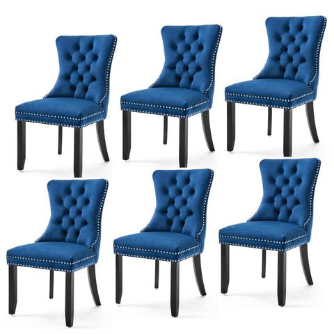 6x Velvet Dining Chairs Upholstered Tufted Kithcen Chair with Solid Wood Legs Stud Trim and V226-SW1901BL-3