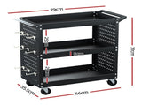 Giantz 3-Tier Tool Cart Storage Trolley Workshop Garage Pegboard Hooks Black TB-CART-3T-N-BK
