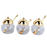 3 Piece Set European Style Gold Sugar Jar with Lid Spoon Polished Glass Seasoning Jar Condiment Pot V1369-AZ3-W-15520