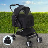 i.Pet Pet Stroller Dog Pram Cat Carrier Travel Large Pushchair Foldable 4 Wheels Black PET-STROLLER-4WL-M-BK