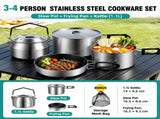 3-Piece Food Grade Stainless Steel Camping Cookware Set with 1.1L Kettle, Medium Stew Pot and Medium V888-ELOSUNG55180-1