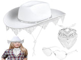 3PCS Sparkly Cowgirl Hat Set, Rhinestone Tassel White Cowgirl Hat with Heart-Shaped Glasses & Scarf, V1192-AZ-W-18332