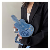 Denim Guitar Bag Cross-Body Bag Women Guitar-Shaped Purse Niche Denim Accessory - Denim blue - Size V1106-939-44715-DEN-UNIVERSAL