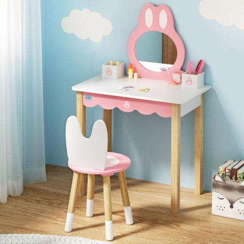 1 Set of Keezi Kids Dressing Table Wooden Bunny Pink FURNI-C-RABBIT-PK