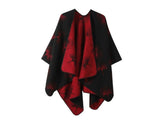 Light Layering Knit Cape, Clear Ginkgo Leaf Print, Vivid Bright Red Hue V1221-XM-LB2137-ZS57
