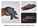 Heat Resistant Iron Fish Serving Plate with Wood Base Multi Color for Kitchen and Restaurant V1366-AZ2-W-21979