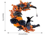 Halloween Moon & Cat Wreath with Lights - Gothic Black Branch Wreath for Front Door, Indoor/Outdoor V1366-AZ2-W-16564