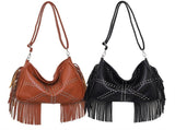 Black Trendy Rivet Fringe Shoulder Bag Large Capacity Soft Leather Handbag for Women, Perfect for V888-ELOSUNG13833