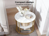 Artiss Side Table Set of 2 Marble Effect Round Coffee Table 2 Tier End Bedside Table Nightstand FUR-S-COF08-MB-GDX2