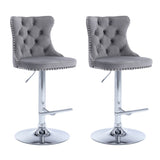 2x Height Adjustable Swivel Bar Stool Velvet Stud Barstool with Footrest and Chromed Base- Gray V226-SW1712GY