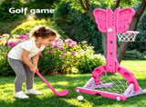 Keezi 3-in-1 Kids Basketball Hoop Soccer Goal Golf Game Set with Balls Pink BAS-HOOP-KID-S-PK