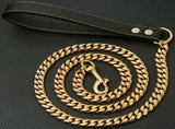 Premium Cuban Link Dog Leash with Genuine Leather Handle Heavy-Duty Stainless Steel Pet Walking V1341-ZY-V4WZ94XP-GOLD-120CM472IN