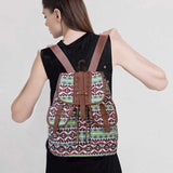 Lozenge Pattern Bohemian Style Canvas Backpack - Vintage Tribal Pattern Travel Bag with Leather V888-ELOSUNG12567