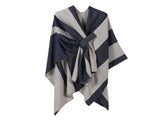 Elegant Knitted Poncho, Deep Tone Vertical Contrast Stripes, Navy V1221-XM-LB2155-ZS57