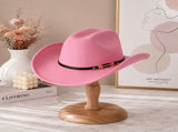 Western Cowboy Hat - Pink Wide Brim Cowboy Hat with Leather-Look Band, Metal Rivet and Square Buckle V888-ELOSUNG57114-2