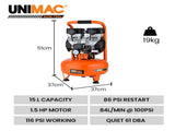 UNIMAC 15L Pancake Air Compressor, 116PSI Portable Silent Oil-Free Electric, for Airtools Tyre V219-TOLACMUM1C5FA