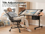 Artiss Drawing Table with Ergonomic Office Chair, Drafting Tables with Tempered Glass Desktop, DRAW-DESK03-SI-RING-2003