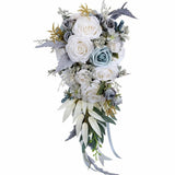 Wedding Bouquets for Bride Artificial Silk Rose Bouquets, Champagne Grey Blue Cascading Floral V1366-AZ2-W-21074