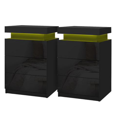 Artiss 2X Bedside Table LED 3 Drawers - COLEY Black FURNI-O-LED-BS-3D-BKX2