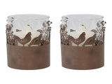Set 2 Glass Pillar Candle holders in Stilted Rust Base w Chooks 17cm V637-52417CHK