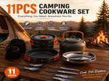 11PCS Orange Camping Cookware Set Lightweight Aluminium Camping Pots, Frying Pan, Kettle & V888-ELOSUNG54626