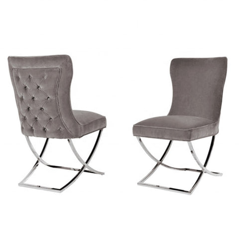 2X Dining Chair Grey Fabric Upholstery Beautiful Quilting Shiny Silver Colour Legs V43-DC-PRDS