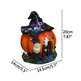 Halloween Witch Pumpkin House Figurine Luminous Resin Pumpkin Statue Crafts Desktop Ornament V1294-YM0717-10351786