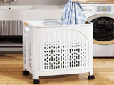 A wheeled foldable plastic laundry basket, suitable for dirty clothesnd easy to move. It features V1102-XYL001