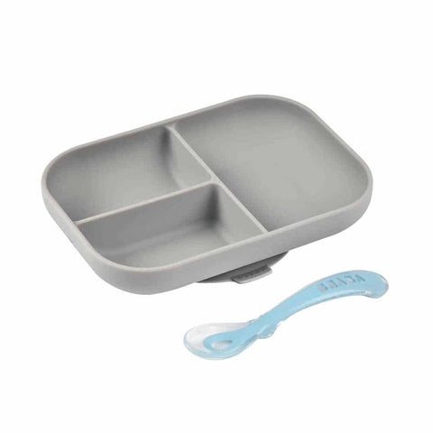 Beaba Silicone Suction Divided Plate & Spoon - Grey DTK10997