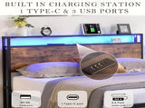 Queen Bed Frame with Storage, Industrial Bed with Led Lights Headboard and 2 Drawers, Wooden Bed V1127-AU-2044QN-BRN