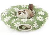 2-in-1 Plush Donut Cat Tunnel Bed, Checkered Pattern Pet Cave with Interactive Hanging Ball, V1341-ZY-KVYCZZ7X-COFFEE