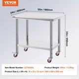 VEVOR Stainless Steel Work Table 36x24 Inch with 4 Wheels Commercial Food Prep Worktable with V952-SYGZT36X24INDJL01V0
