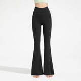 Size L Women's High Waisted Flare Yoga Pants with Side Pockets - Black Crossover Waistband Stretch V888-ELOSUNG57381-3