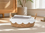 Hand Woven Storage Bask with Scalloped Liner Double Handles Rectangular Straw Organizer Bin for Home V1369-AZ3-W-11187