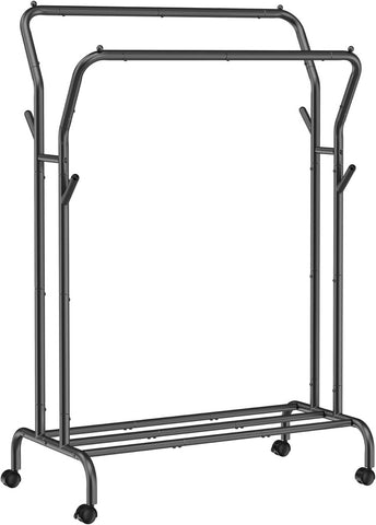 SONGMICS Metal Clothes Rack Garment Double Rail with Wheels and Shelf Black HSR107B01V1 V227-8498402100995