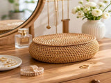 Handwoven Rattan Storage Basket with Matching Lid Round Tabletop Organizer Natural Wicker Decorative V1369-AZ3-W-14645
