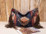 Bohemian Style Canvas Hobo Bag with Tassels & Geometric Print - Large Capacity Shoulder Bag V888-ELOSUNG29791