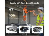 Manual Lever Chain Hoist, 6T 6000KG Capacity Heavy Duty Come Along, 3M Lift G80 Alloy Steel Chain V952-CGKSBHLHL6T1EG5BT001V0