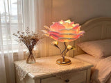 Rose Flower Table Lamp Aesthetic Bedside Desk Nightstand Cute Room Pink White Decor Gold Metal V1107-124-56878-WHI