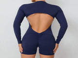 S Purple Backless Scrunch Butt Workout Jumpsuit - Long-Sleeve Open-Back Yoga Romper V888-ELOSUNG16897
