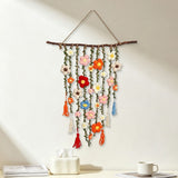 Boho Crochet Flower Wall Hanging,19.7in Handmade Macrame Floral Tapestry with Wooden Branch and V1369-AZ3-W-14907