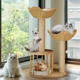 Large Cat Scratching Post Tree Tower with Baskets and Cubby Cave in Natural Wood & White, 60x40x99cm V178-59360