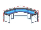 Artiss L-Shape Gaming Desk Computer Desks RGB LED Power Outlet 130cm Black FURNI-U-DESK-L-BK