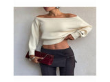 Women Off Shoulder Long Sleeve Pullover Sweater Top Trendy Boat Neck Soft Ribbed Knit Crop Sweater S V1366-AZ2-W-14627