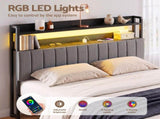 Artiss King Headboard Charging Station Storage LED Light Grey Upholstered BED-HEAD-ZAK-K-BK