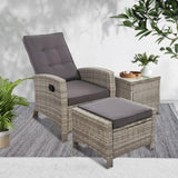 Gardeon 3PC Recliner Chairs Table Sun lounge Wicker Outdoor Furniture Adjustable Grey ODF-RECLINER-CHOTTB-3GE
