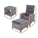 Gardeon 3PC Recliner Chairs Table Sun lounge Wicker Outdoor Furniture Adjustable Grey ODF-RECLINER-CHOTTB-3GE